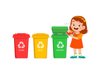 little kid throw organic waste to recycle bin