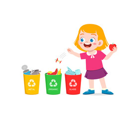 little kid throw organic waste to recycle bin