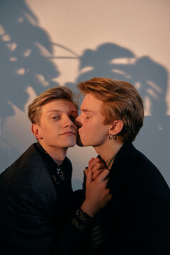 portrait of two guys in love, in which one gently kisses the other on the cheek in the sunlight in the studio