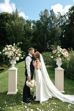 newlyweds on a wedding walk