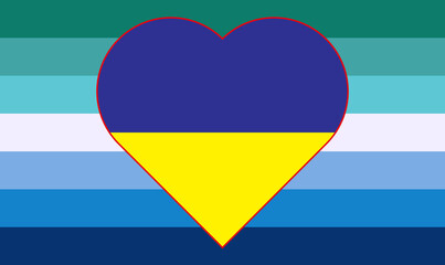 Illustration of the yellow-blue flag of Ukraine in the form of a heart on the male Transgender Flag of gay pride. Support for Ukraine.