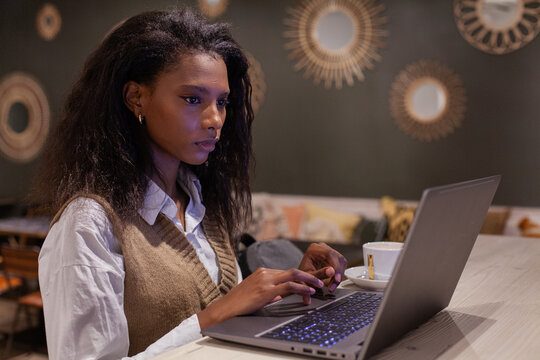 calm serious confident woman entrepreneur working on computer in cafe