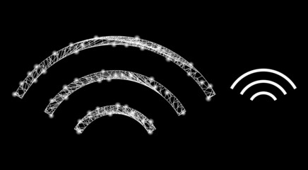 Crossing mesh wireless signal frame icon with lightspots. Illuminated vector model based on wireless signal icon. Vector frame mesh wireless signal icon.