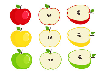 Different colors and parts of apples set. Fruit design elements. Whole apples, slices, leaves design elements isolated on white. Red, green and yellow apples set.