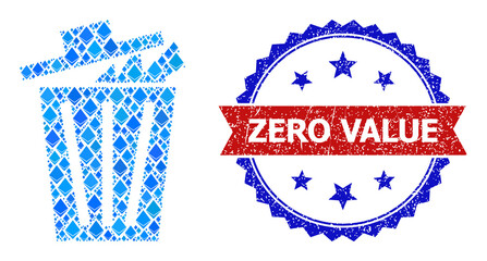Blue ethereum composition office bucket icon, and bicolor rubber Zero Value seal. Ethereum related parts are grouped into abstract collage office bucket pictogram.