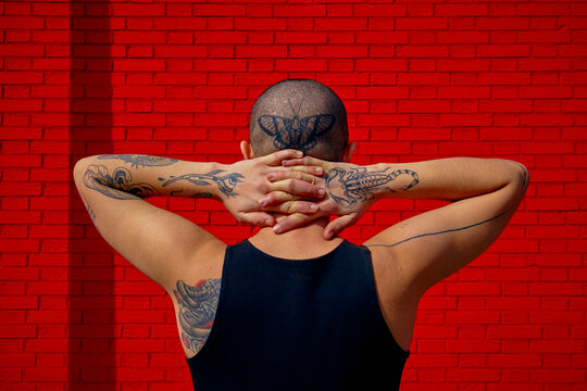Back of a queer model with tattoos and shaved hair