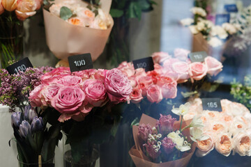 Flower showcase in floral store 