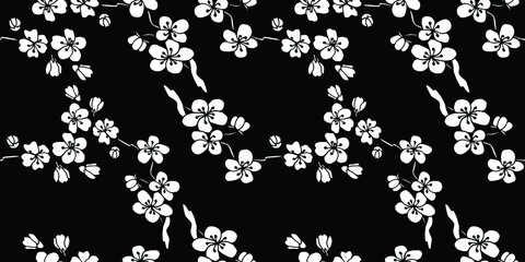 Sakura  seamless pattern on black background. Vector illustration in boho style for wrapping paper, textile, backgrounds.