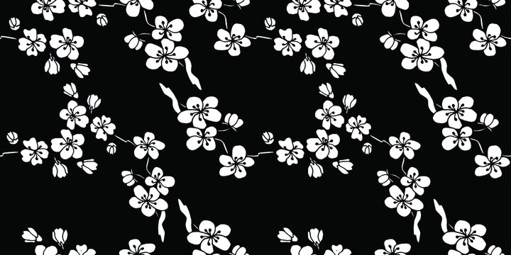Sakura  seamless pattern on black background. Vector illustration in boho style for wrapping paper, textile, backgrounds.