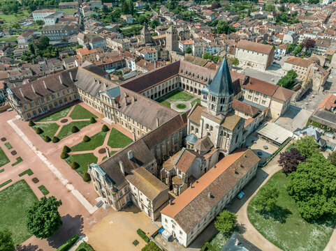 Aerial view of Cluny Abbey Benedictine monastery in Cluny, Sa&ocirc;ne-et-Loire, France. dedicated to Saint Peter, constructed in the Romanesque architectural style and Tour de Fromages