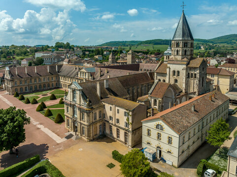 Aerial view of Cluny Abbey Benedictine monastery in Cluny, Sa&ocirc;ne-et-Loire, France. dedicated to Saint Peter, constructed in the Romanesque architectural style and Tour de Fromages