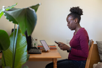 female entrepreneur, woman freelancer with smartphone, work from home