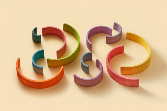 Rounded colorful wooden planks of various size