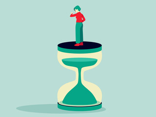 Woman on hourglass checking time