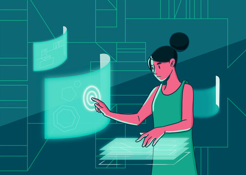 Woman using interfaces in cyberspace