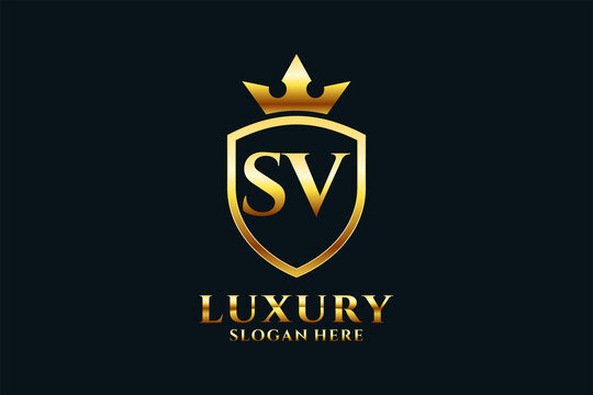 initial SV elegant luxury monogram logo or badge template with scrolls and royal crown - perfect for luxurious branding projects