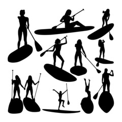 Woman paddling silhouettes. Good use for symbol, logo, icon, mascot, sign, or any design you want.