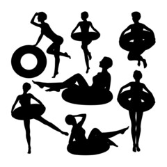 Woman with inflatable ring silhouettes. Good use for symbol, logo, icon, mascot, sign, or any design you want.