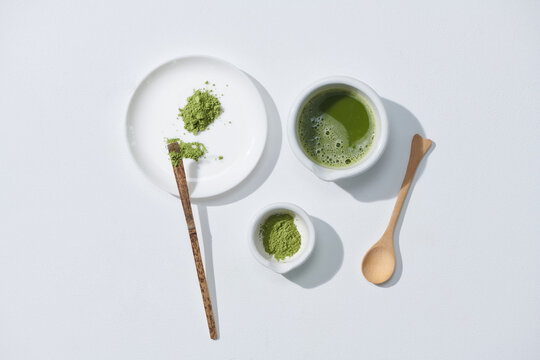 Matcha Latte Cup On White Background From Above. 