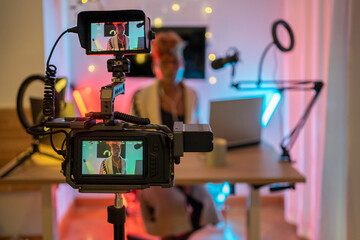 Black Woman Youtuber Talking And Looking At Camera.