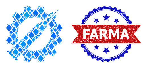 Blue crystal collage vaccine industry icon, and bicolor scratched Farma seal stamp. Ethereum related elements are arranged into abstract mosaic vaccine industry icon. © Tensor Designs