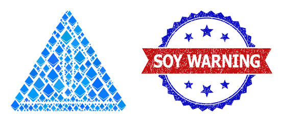Blue diamond collage warning icon, and bicolor grunge Soy Warning watermark. Crystal related elements are united into abstract collage warning icon. Red round seal has Soy Warning text inside circle.