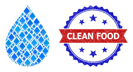 Blue brilliant collage water drop icon, and bicolor textured Clean Food seal. Brilliant related parts are arranged into abstract mosaic water drop icon.