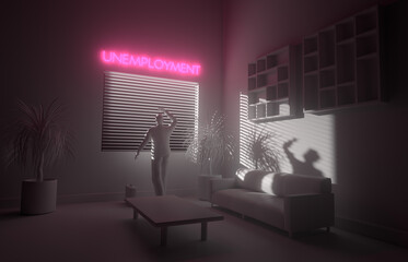 Modern 3D Illustration Businessman Monochromatic Interior Scene with UNEMPLOYMENT Neon Sign