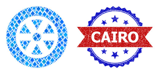Blue gem mosaic wheel icon, and bicolor scratched Cairo watermark. Diamond related items are united into abstract mosaic wheel icon. Red round stamp has Cairo tag inside circle.