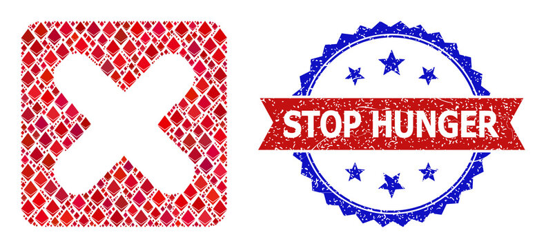 Vector crystal collage close button icon, and bicolor rubber Stop Hunger seal. Red round stamp seal contains Stop Hunger text inside circle. Close button collage is organized from jevel elements.