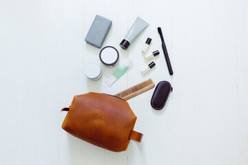 Men's Leather Toiletry Cosmetic Bag with Self Care Products From Above