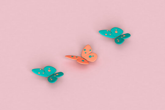 three blue and pink butterflies