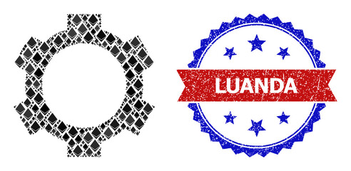 Vector gemstone collage cog icon, and bicolor scratched Luanda seal stamp. Red round stamp seal includes Luanda text inside circle. Cog collage is made from crystal parts.