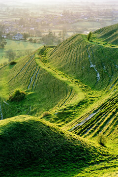 Hambledon Hill prehistoric Iron Age hill fort, Dorset, England.  Part of massive rampart earthworks on the N.W. corner.