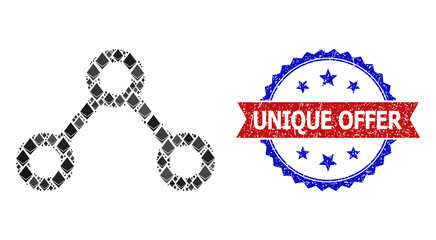 Vector ethereum mosaic connections icon, and bicolor textured Unique Offer seal. Red round seal includes Unique Offer text inside circle. Connections mosaic is organized of diamond parts.