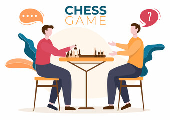 Chess Board Game Cartoon Background Illustration with Two People Sitting Across From Each Other and Playing for Hobby Activity in Flat Style