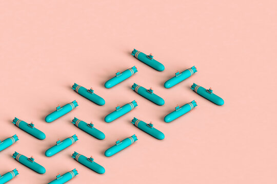 rows of blue submarines on pink background. 3d render