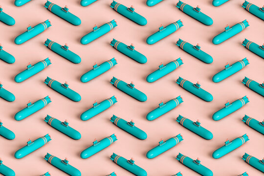 a pattern of blue submarines. 3d render