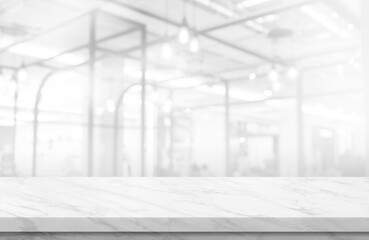 Empty white marble over blur background, for your photo montage or product display, Space for placing items on the table, product and food display.