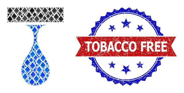 Vector gemstone composition drip drop icon, and bicolor scratched Tobacco Free seal stamp. Red round seal has Tobacco Free title inside circle. Drip drop mosaic is designed from crystal elements.