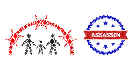 Vector ethereum mosaic family jail dome icon, and bicolor rubber Assassin seal stamp. Red round stamp contains Assassin title inside circle. Family jail dome mosaic is formed from diamond parts.