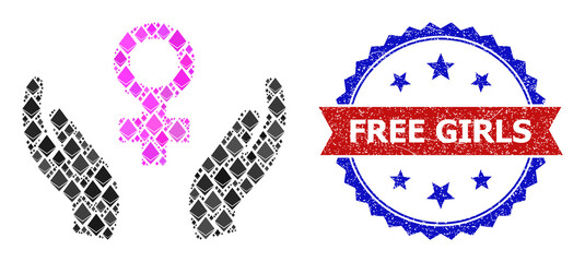 Vector ethereum collage female care icon, and bicolor grunge Free Girls seal stamp. Red round stamp seal contains Free Girls text inside circle. Female care collage is created from gemstone parts.