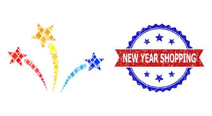 Vector ethereum collage fireworks icon, and bicolor scratched New Year Shopping seal stamp. Red round stamp contains New Year Shopping tag inside circle.