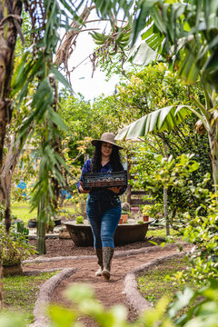 Woman with a hat walking with a clapper in the garden 