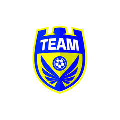 badge shield logo team football soccer with blue wings on yellow background. sports club icon.