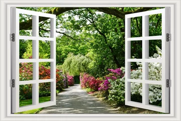 Foto op Plexiglas Oude deur 3D-landschap vanuit geopend raam