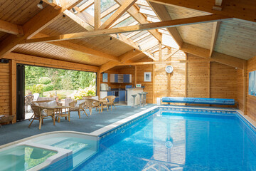Swimming pool in a domestic pool enclosure.