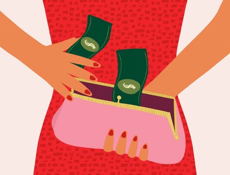 Dollar Money to pay from a woman&rsquo;s purse. illustration
