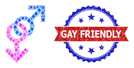 Vector gemstone collage gay pair sign icon, and bicolor dirty Gay Friendly stamp. Red round stamp seal contains Gay Friendly title inside circle. Gay pair sign collage is composed with gemstone parts.