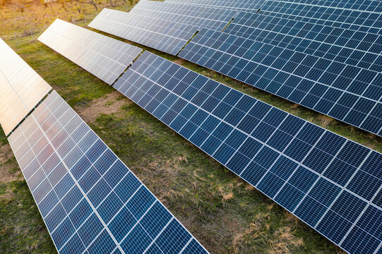 Renewable energy: Solar panel farm plant drone shot